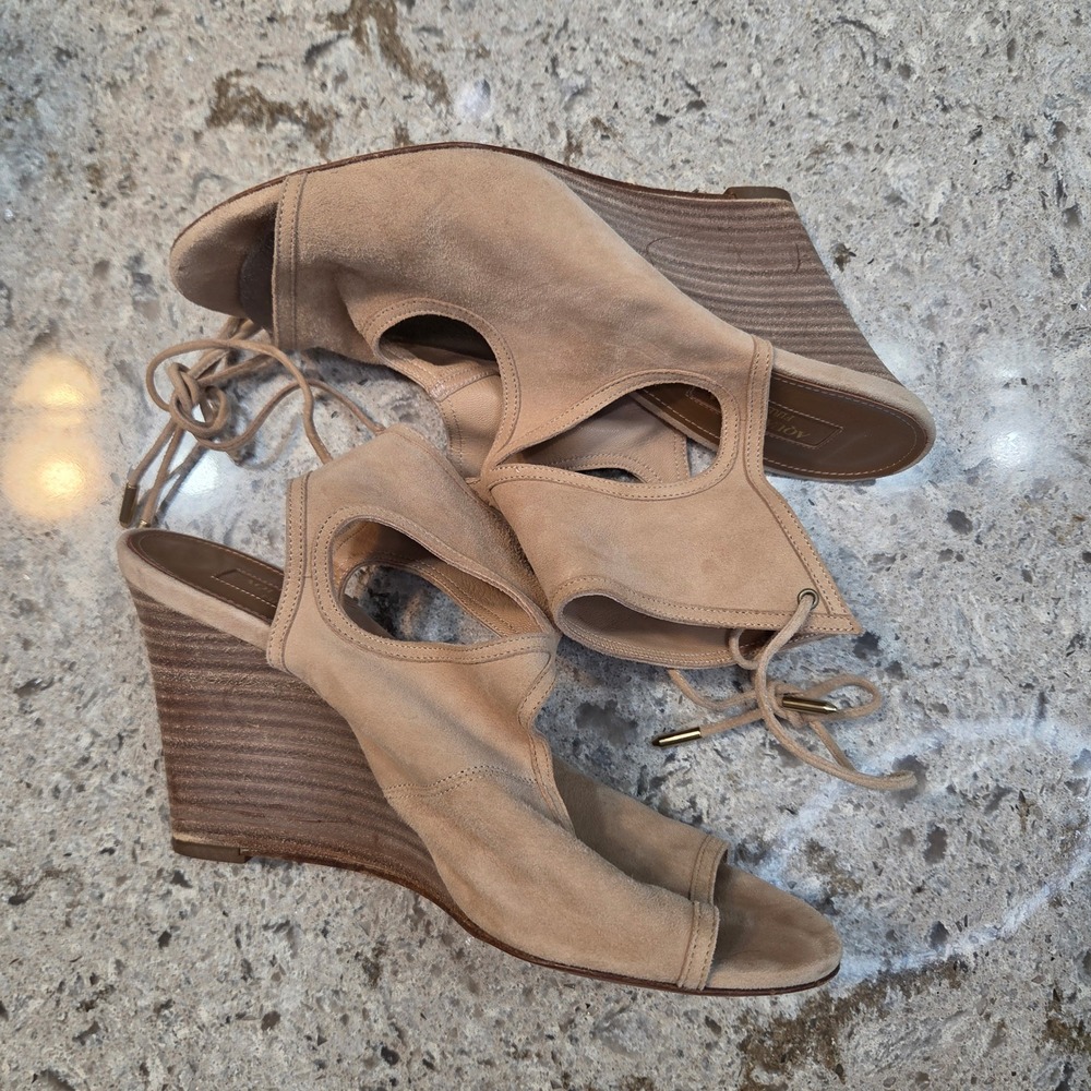 Aquazzura Firenze Tan Suede Lace Up Wedge Sandals Peep Toe‎  38 Made in Italy - Picture 13 of 14